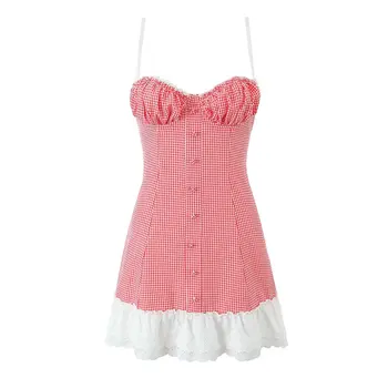 2025 New Sweet Red Plaid Lace Splicing Suspender Dress Sexy Slim Back Strap Collarless Mini Skirt in Chiffon for Summer