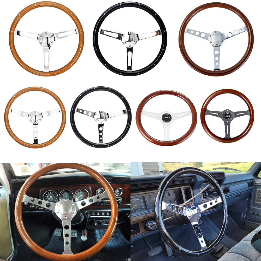 KYOSTAR 14 Inch Wooden Steering Wheel - Classic Black Spoke, 6