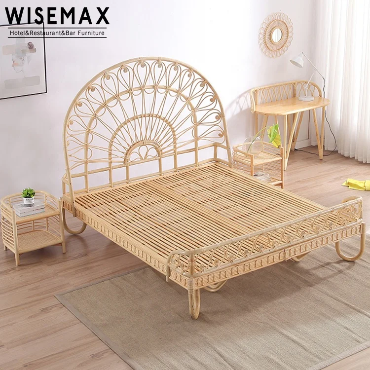 WISEMAX FURNITURE Nature Simple Style King Bed Room Furniture Rattan Wooden Bed Design Bedroom Set Furniture