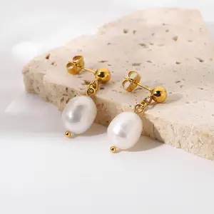 Chic Gold Stainless Steel Statement Earrings for Women Baroque Pearl Pendant Drop Earrings Chic Accessories