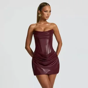 PU Leather Back Bandage Strapless Sexy Mini Dress for Women Gown Elegant Sleeveless Ruched Bodycon Club Party Dresses