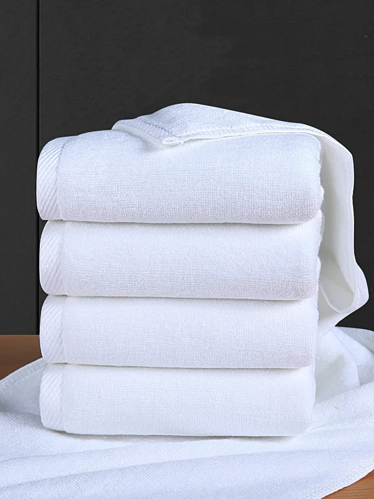 Professional Selling Malaysia Embossed Logo White Jacquard Cotton 16s Plain Hotel Towel for  Hyatt Hilton Hotel