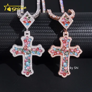 GRA Certificated 925 Sterling Silver Fancy Cut Colored Moissanite Cross Pendant Custom Moissanite Pendant Men Hip Hop Jewelry