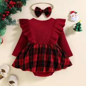 Cotton Newborn Clothes Red Plaid Romper Dress Ruffle Long Sleeve Headband Set for Baby Girls Casual Christmas Infant Bodysuit