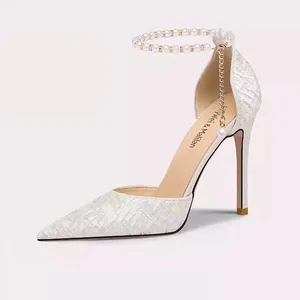 Lily Wei Women High Thin Heels Light Metal Chain Decoration Single Shoes New Autumn Toe Stiletto Sexy Hollow