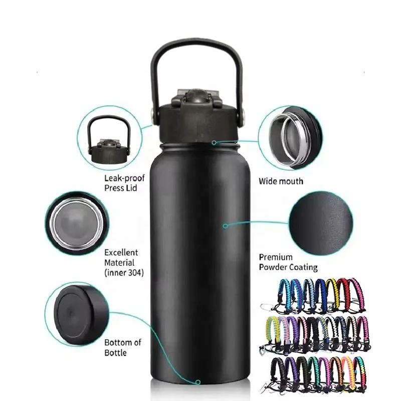 32oz 40oz 64oz Double Wall Wide Mouth Stainless Steel Water Bottle Flask  With Straw Sports for Hiking
