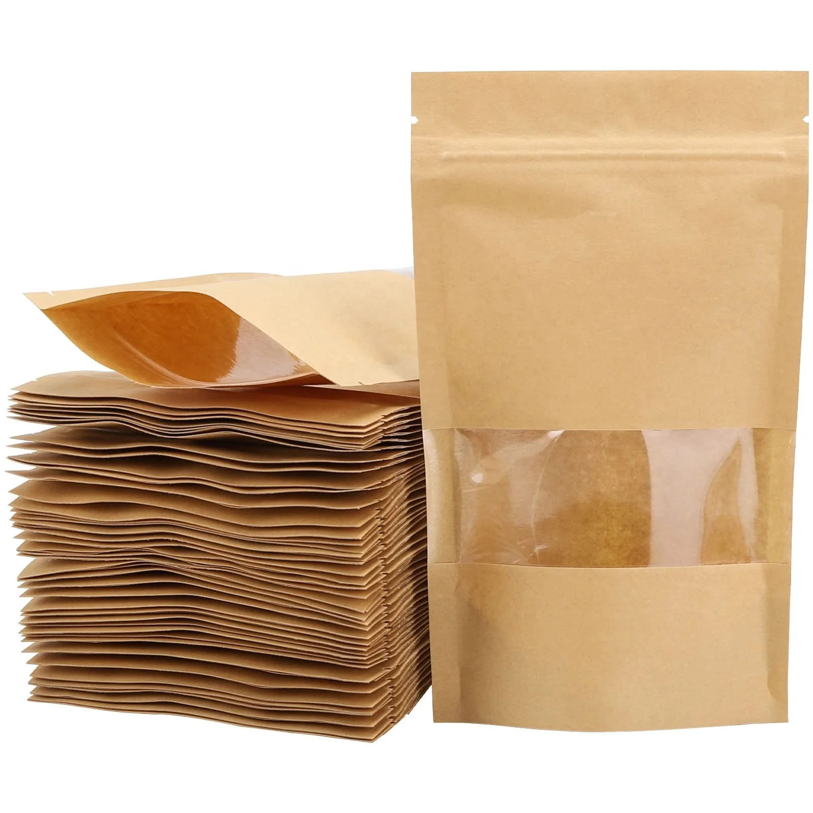 Custom Kraft Paper Coffee Bags with Moisture Proof Window Promotional Ziplock Edible Pouch for Food Tea Stand Packaging Pet Food