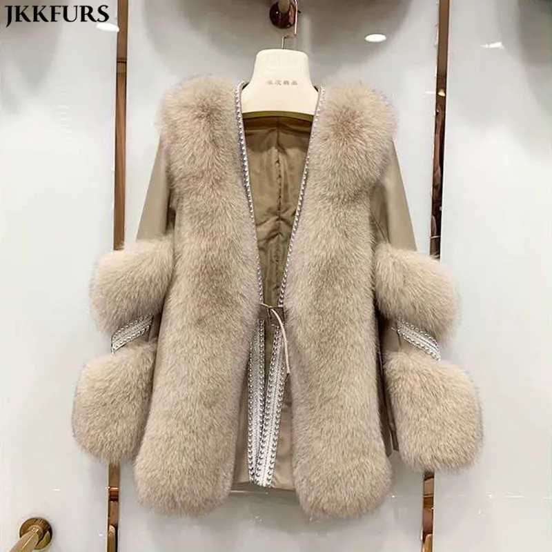 2021 Real Fox Fur Coat Winter Women Coat Genuine Sheepskin Leather ...