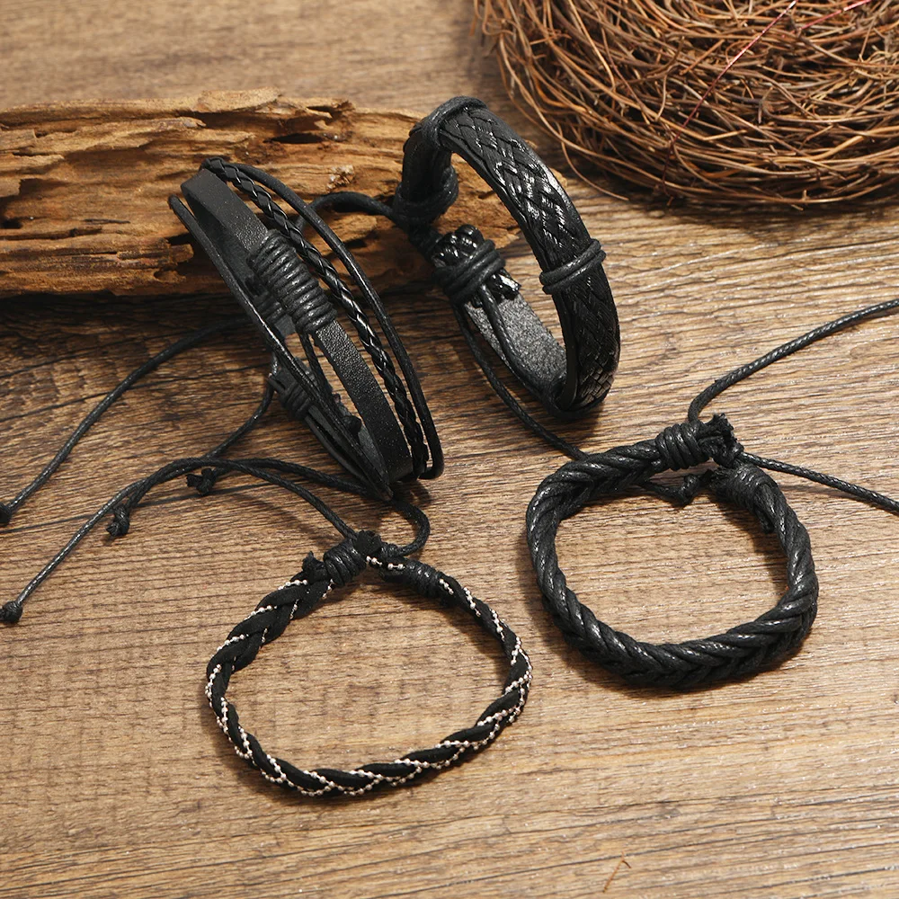 Wholesale European Retro Braided Leather Bracelets Set Adjustable