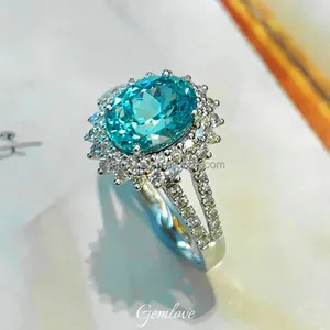 In Stock! 2.3ct PT950 Lab Paraiba Ring - Oval 8x6.8mm Sunflower Design, Women's Fashion Jewelry