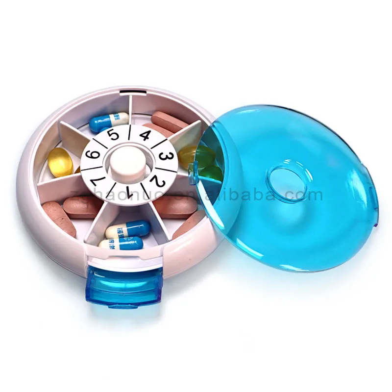 7 Days Rotating Pill Box Pill Storage Box Portable Round Promotional Small Plastic PP Plastic Blue and White Pill Organizer Box