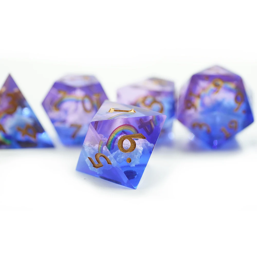 Rainbow and Clouds Resin DND Dice Set Core Sharp Edge DICE with Gold Number factory