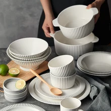 High-End Nordic White Ceramic Dinnerware Sets Luxury Classic Design Kitchen Tableware Includes Bowl Plate Plant Pattern 100pcs