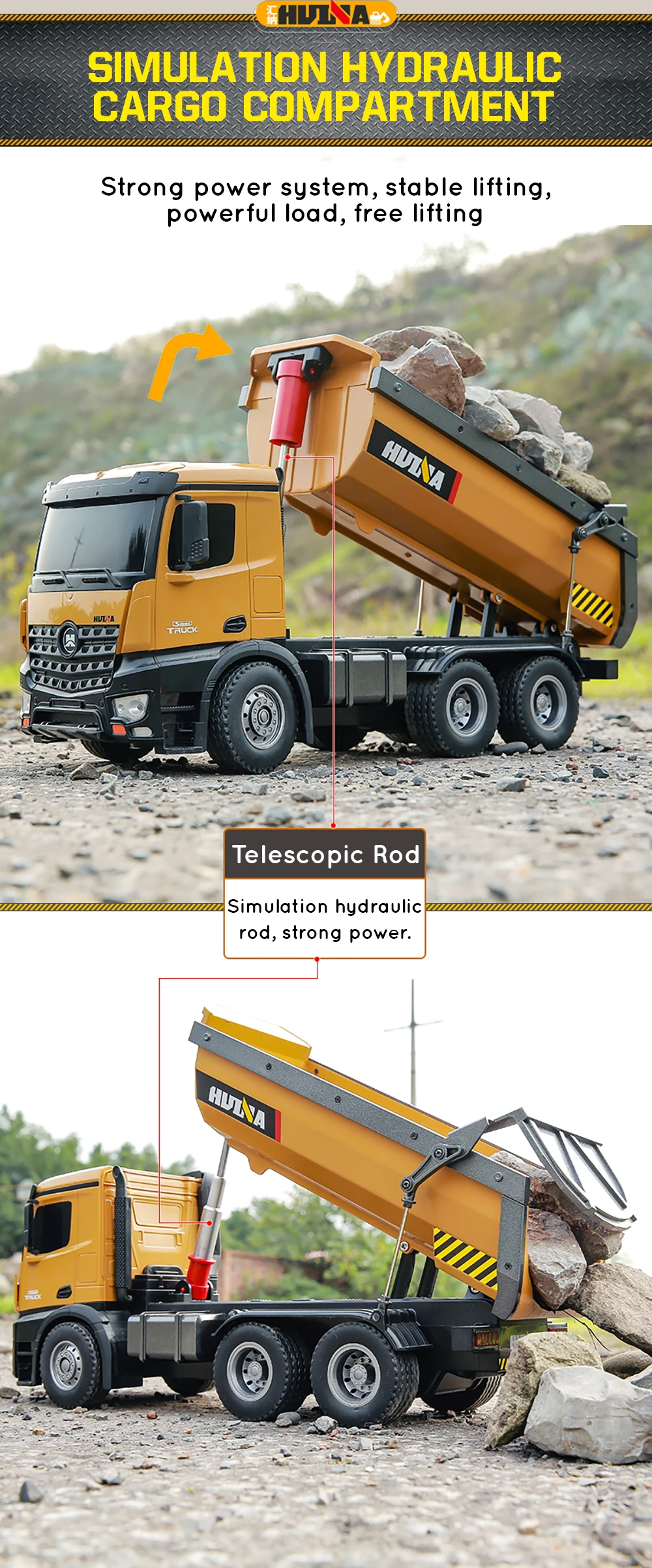 HUINA 1573 1/14 10CH RC Dumping Truck 2.4GHz Toys Remote Control Dump Self-Discharging Engineering Truck LED Light RC Truck Toy