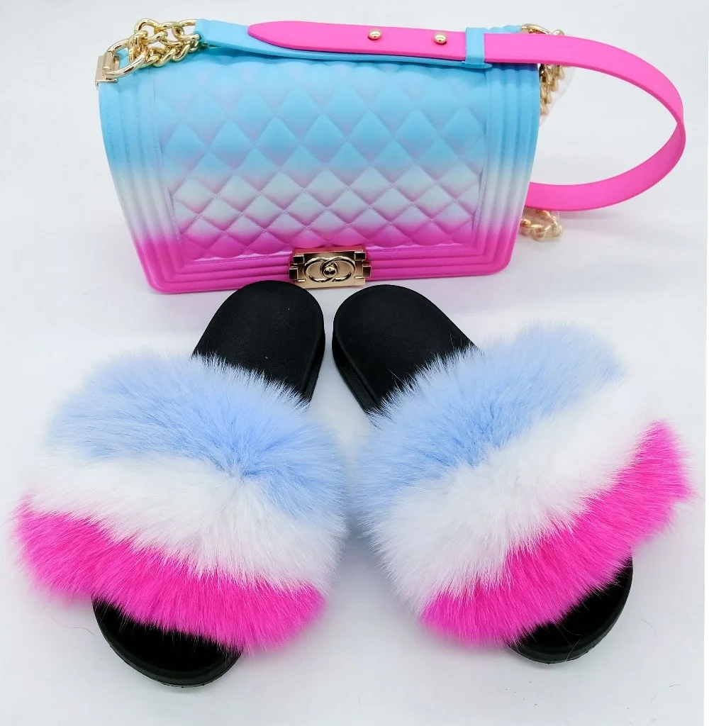 Factory wholesale pvc slides ladies raccoon fur slippers women soft real fox fur slides