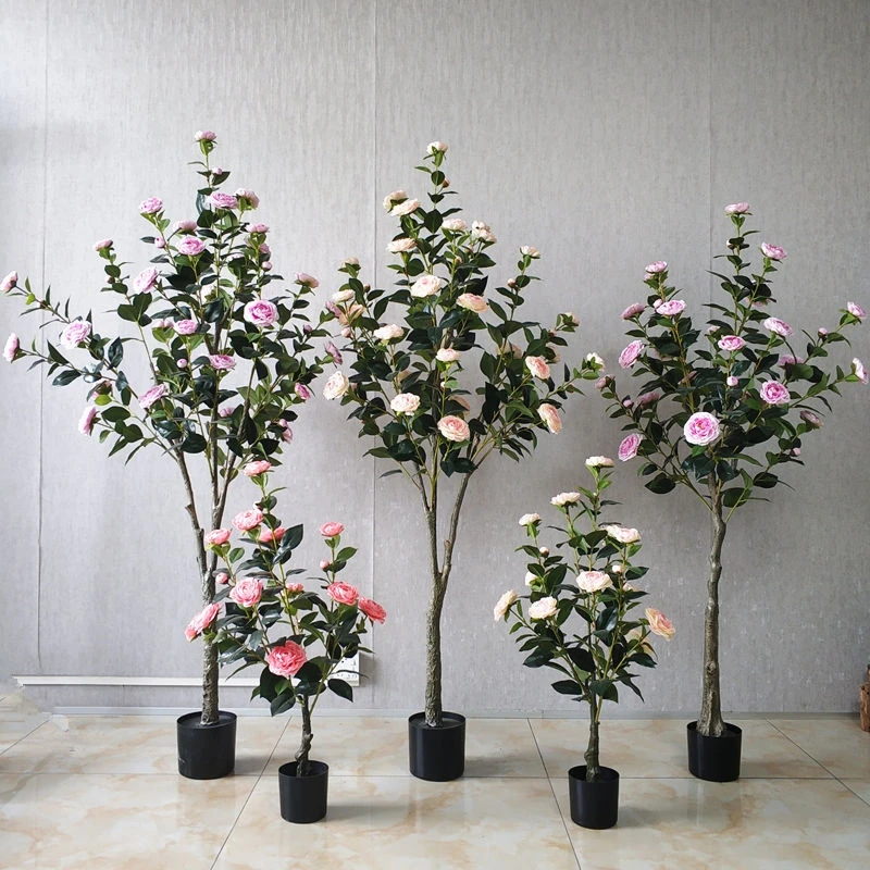 Camellia Flower Trees Plastic Artificial Potted Flower Plant Decoration