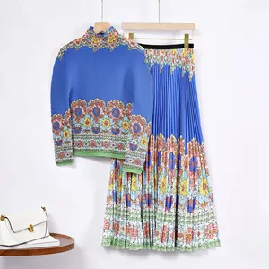Wholesale Fashion Direct Women's Elegant Two-Piece Set Stretch Printed Long-Sleeved Top and Skirt Miyake Pleated Set