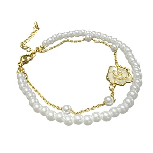 Elegant Multi Layer Pearl Anklet with Gold Tone Chain Camellia Flower Charm Fashionable White Pearl Ankle Bracelet Summer Beach