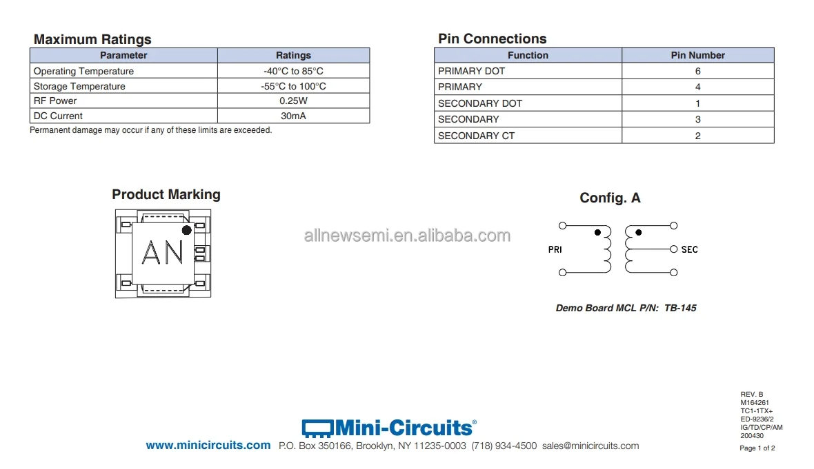 Hot sale Original TC1-1TX+ RF and Wireless Balun RF Balun 400kHz-500MHz 50 / 50Ohm 6-SMD (5 Leads) Flat Lead Surface Mount