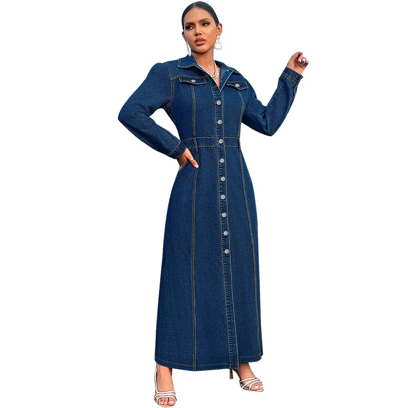 Autumn Long Sleeve Long Denim Dress for Women High Waist Denim Maxi Dress  Elegant Jeans Dress for Ladies Wholesale