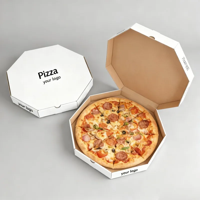 Tukkukauppaan sopiva pizzapakkauslaatikko, elintarvikkeisiin soveltuva pikaruokalaatikko, digitaalituloste, kahdeksankulmainen tai pyöreä muoto, pizzapakkauslaatikko, elintarvikelaatikko