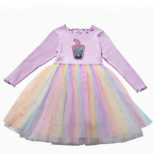 Factory Direct Price Sequin Patch with Gem Children Lace Dress Patterns Girls Dresses