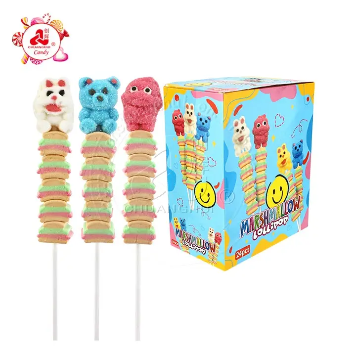Halal Cartoon Animals and Hamburger Shaped String Candy Marshmallow Lollipop