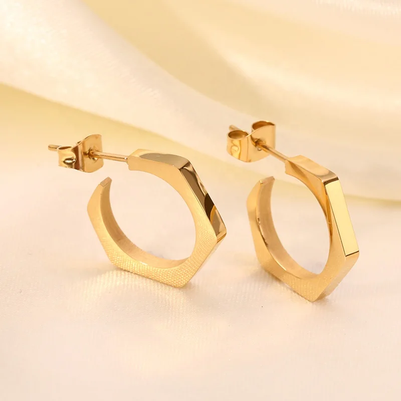 Boucles D'oreilles Vintage Hexagonales – Métal Doré émaillé Beige – Clips à Vis – Occasion