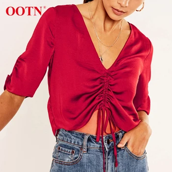 OOTN Streetwear 2020 Summer Silk Top Women Half Sleeve Crop Top V-Neck Drawstring Lace Up Female Shirt Casual Red Satin Blouses