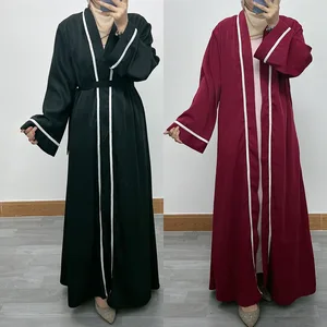 New Middle East Women's Clothing Collage Color Contrast Elegant Cardigan Muslim Robe Long Sleeve Dress