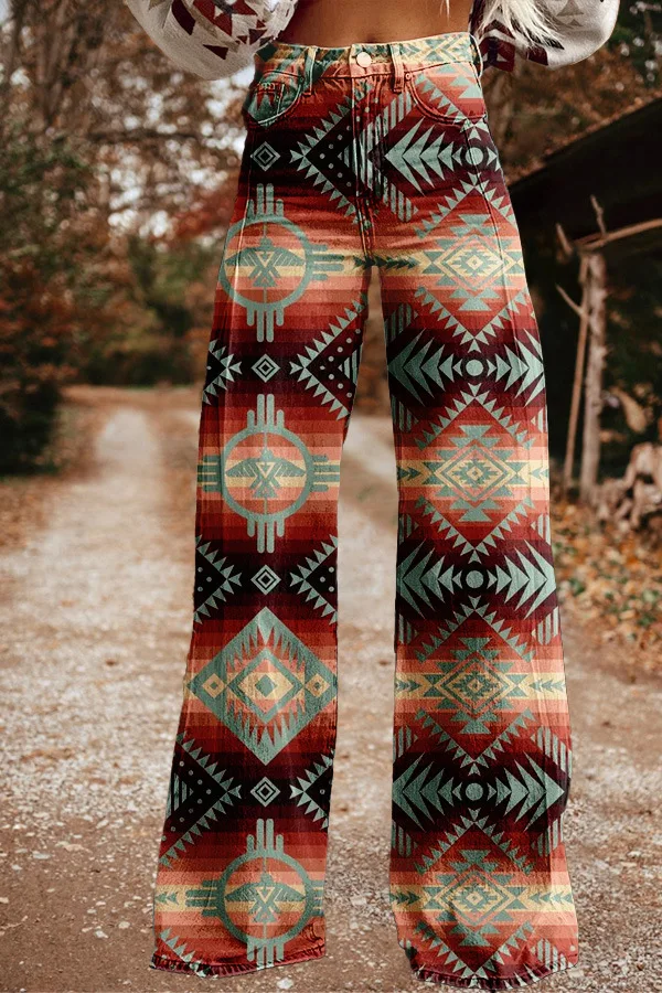 Vintage Western Aztec Ladies Flared Pants - Cactus Leopard Flower