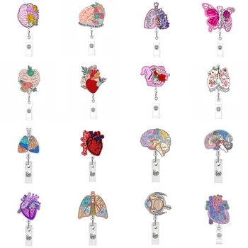 Cartoon Organ Custom Badge Reel Glitter Acrylic Rotatable ID Holder with Belt Clip and Keychain