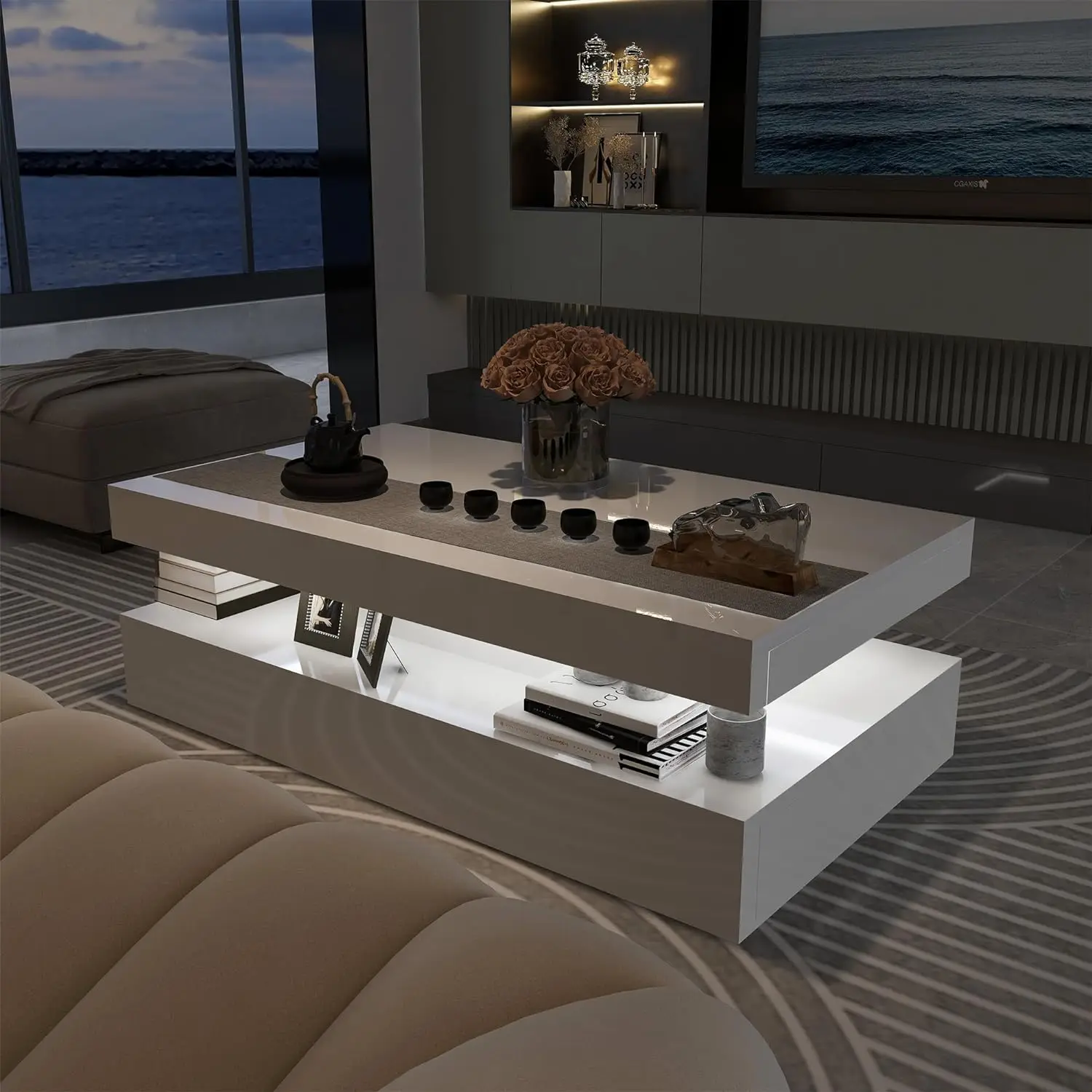 Modern White LED Light Rectangular Coffee Table with Remote Control for Living Room Furniture