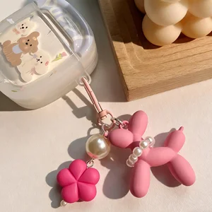Pop Cute Balloon Dog Pendant Keychain Ring Flower Cartoon Earphone case Packaging Decoration Accessory