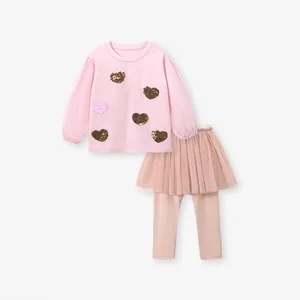 Customization Tulle Dress Sets Cute Girl Clothing Sets Long Sleeve Children Clothing Set With Sequin Heart Pattern