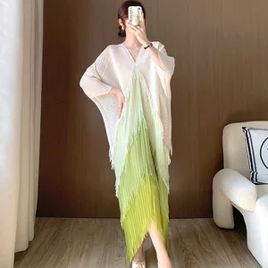 Miyake Women's High Quality Fashion Dress Battalion Sleeve Tassel Color Block Pleated Stretch Loose With Fabric Weaving Print