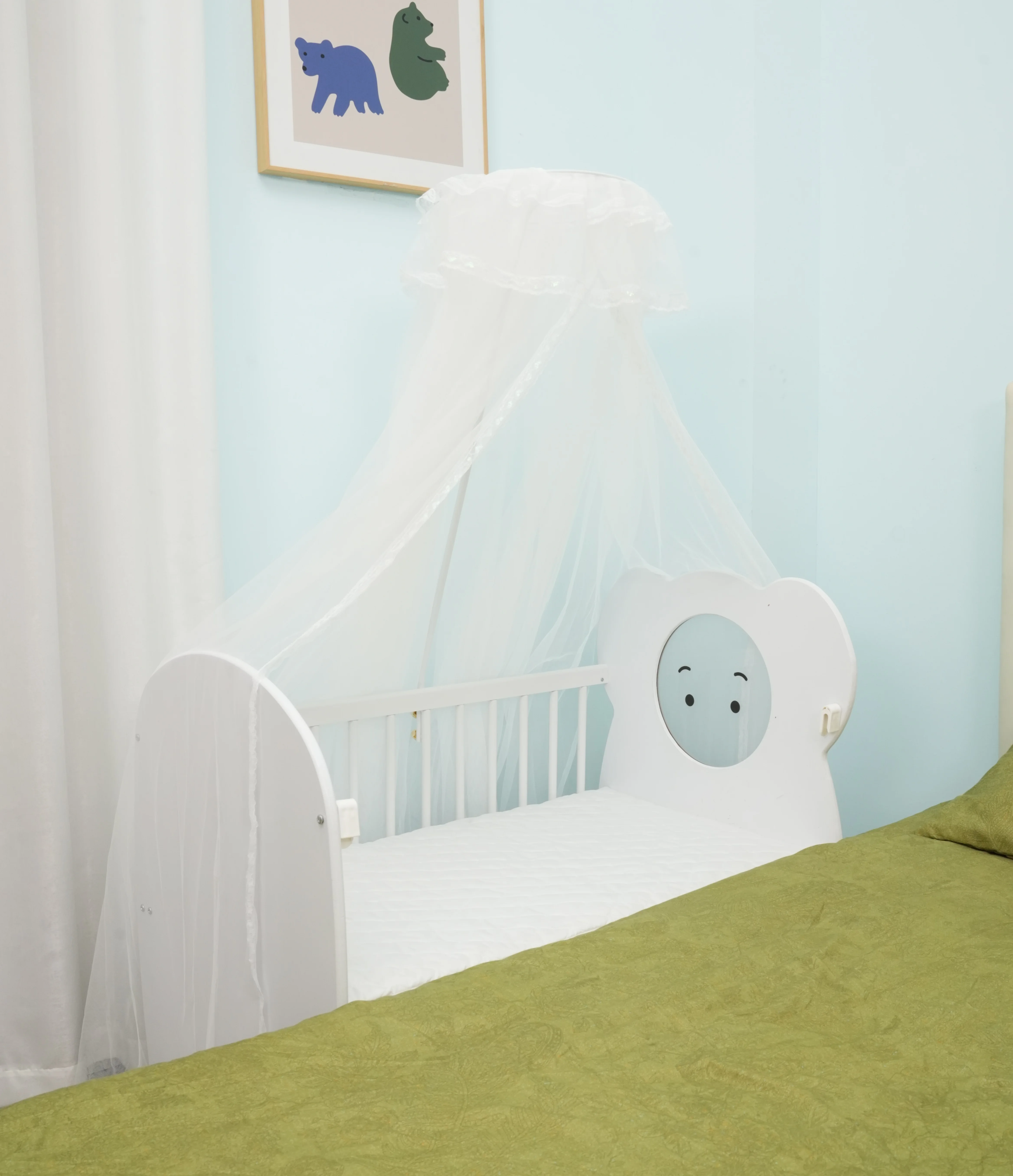B2631 Cool Baby Cute Elephant Printing Wood Baby Crib With Side-opening Function details