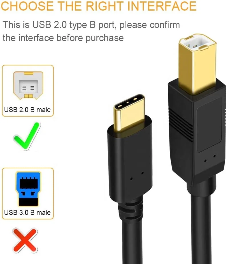 USB Type C to USB 2.0 Type B Printer Scanner Cable Compatible for for DJ Controller MIDI Keyboard Piano Scanner and More