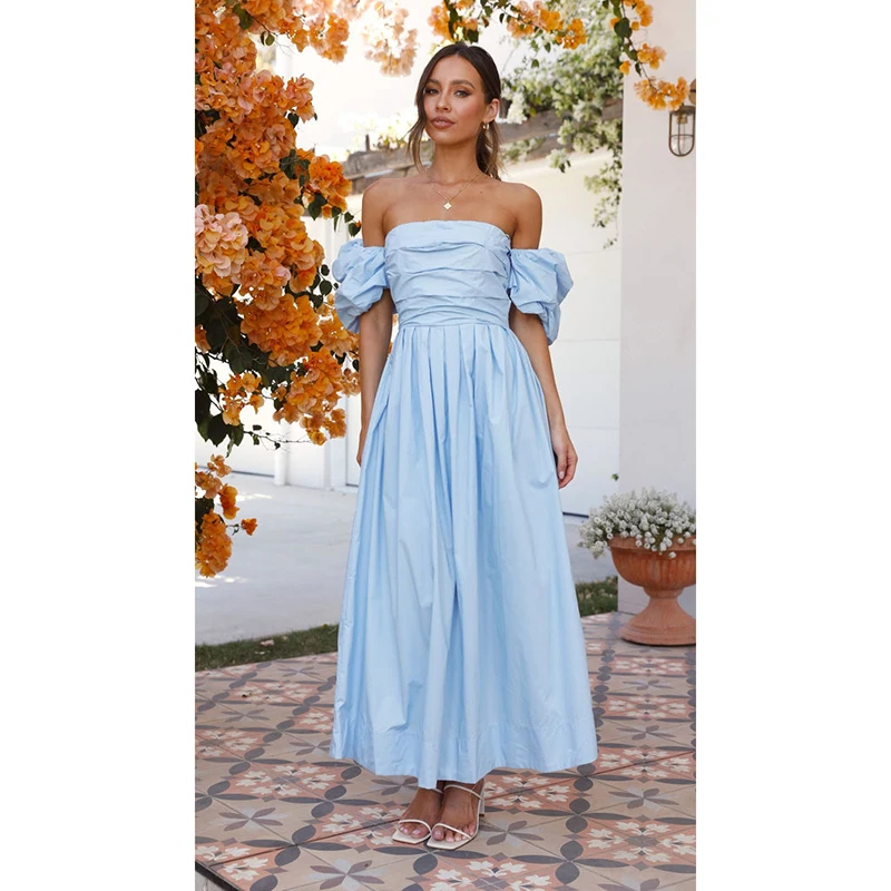 Spring And Autumn Sky Blue Off Shoulder Princess Style Dress