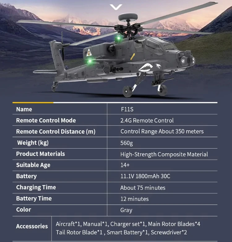 YXZNRC F11-S AH-64D Apache Scale Heli Copter Electric RC