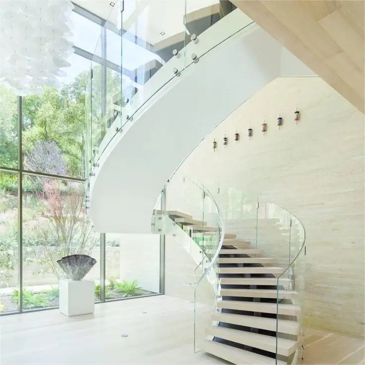 Customizable Floating Curved Spiral Stairs with Glass Railing Indoor ...