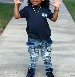 2026 Trending Product Short Sleeve and Multiple Pockets Kids Jeans 2 Piece Outfits Casual Track Suit Kids Clothing Set