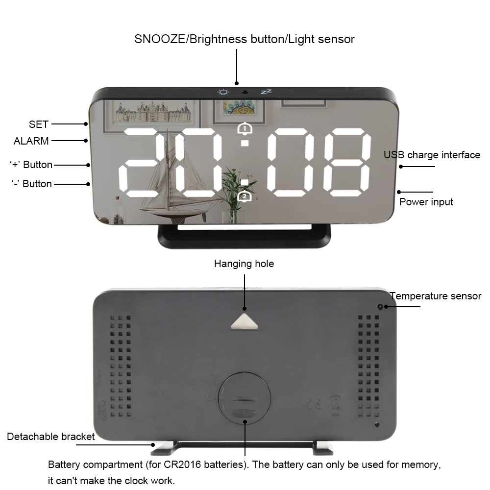 Digital Mirror Alarm Clock LED Electronic Temperature USB Multifunction Nightlight Alarm Clock with Wireless Charger and Speaker