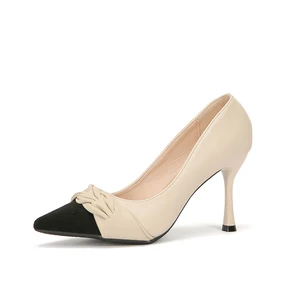 Women's Comfortable Summer Fashion Beige Leather & Black Suede Slip-On Pointed Toe Stiletto Heel Pumps