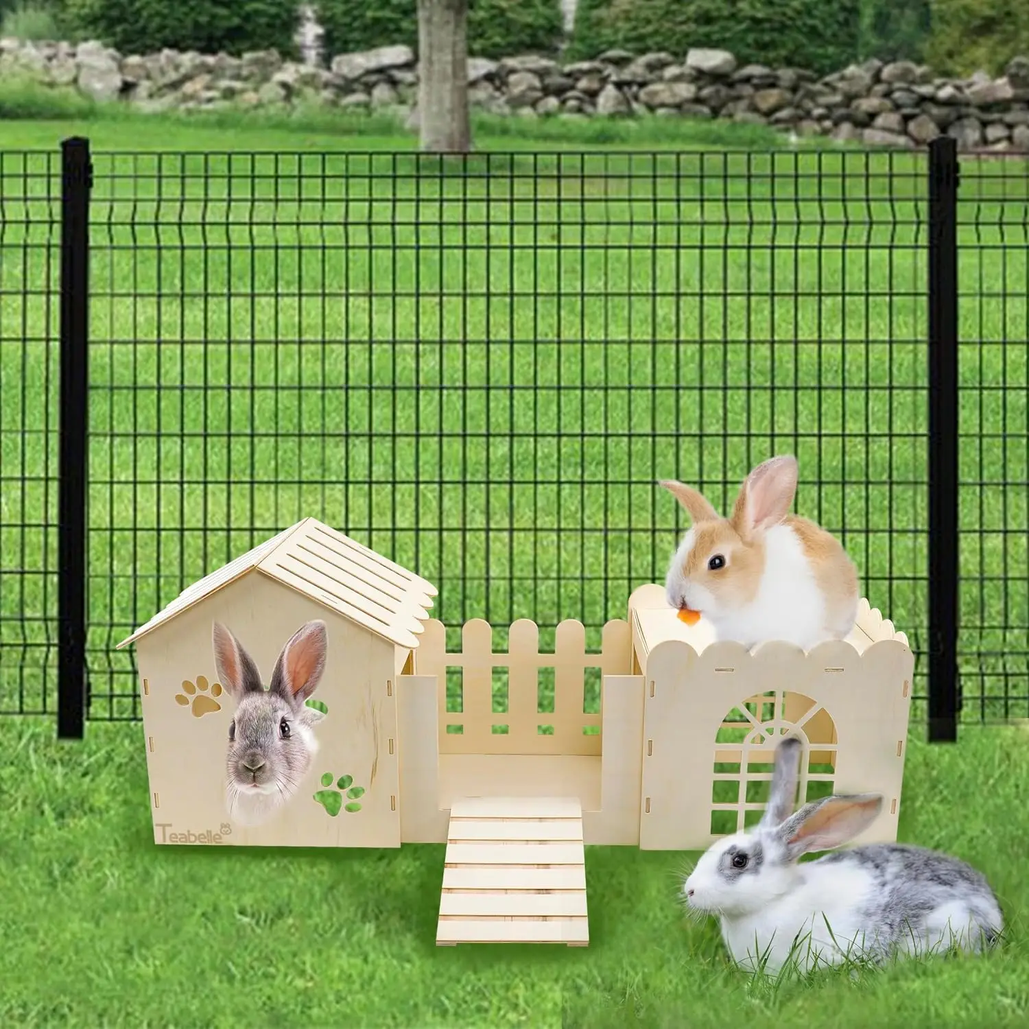 Multichamber Wooden House Cage Large Rabbit Wooden Castle Hideout For