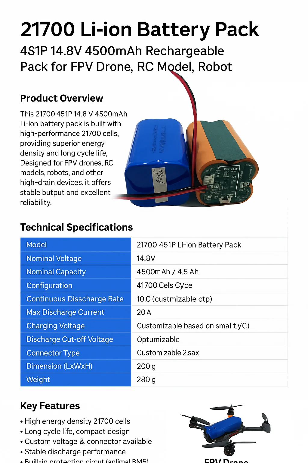 Customized 22.2V 4.8AH 21700 6S1P Rechargeable Battery Pack for Solar Power Systems and Camera Use in Stock 500 Cycle Times H287d0ac5b5444299afdc56534abb26da0