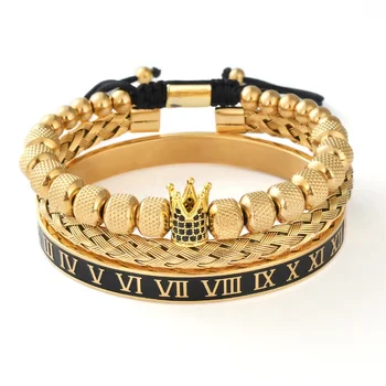 F468 High Quality Custom Jewelry Sets 18K Gold Plated  Beaded Stainless Steel Charm Bracelet Homme With Roman Bangle For Men