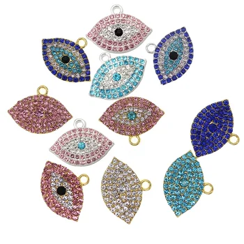 Gold/Silver Plated Crystal Evil Eye Baby Pin Charms Religious Pink Blue Rhinestone Muslim Islam Pendant Charms for  Kids