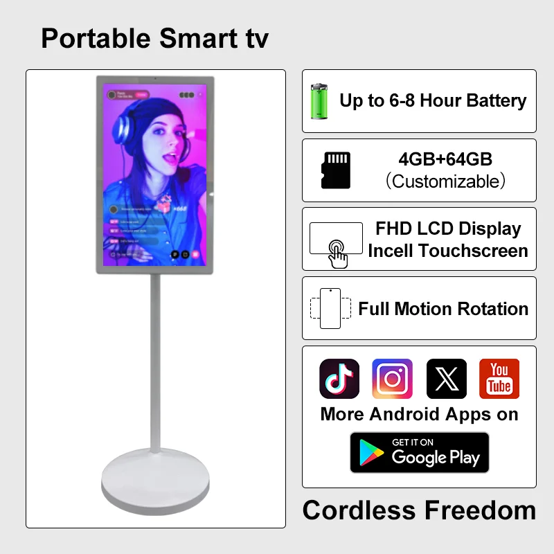 HotYeah 21.5" Portable Smart Android LED TV Touchscreen White Mobile Use for Kitchen Outdoor Trade Shows Includes Battery