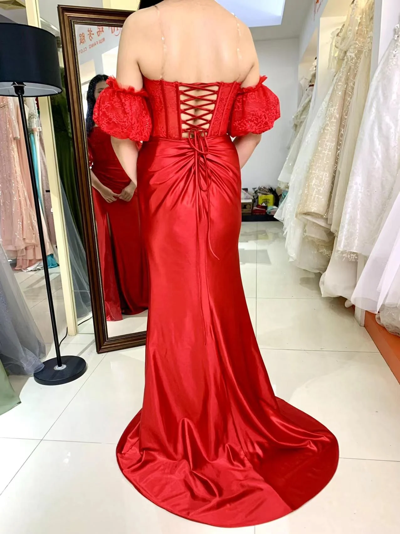 slim fit dress slacks Long Red La Femme Prom Dress with Deep V-Back main image 0